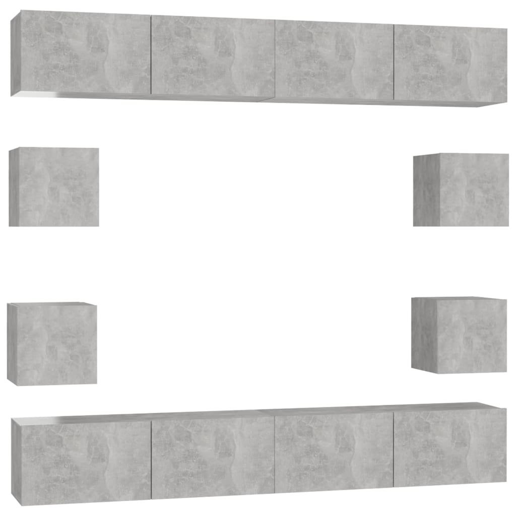 8 Pcs conjunto de móveis de TV contraplacado cinzento cimento
