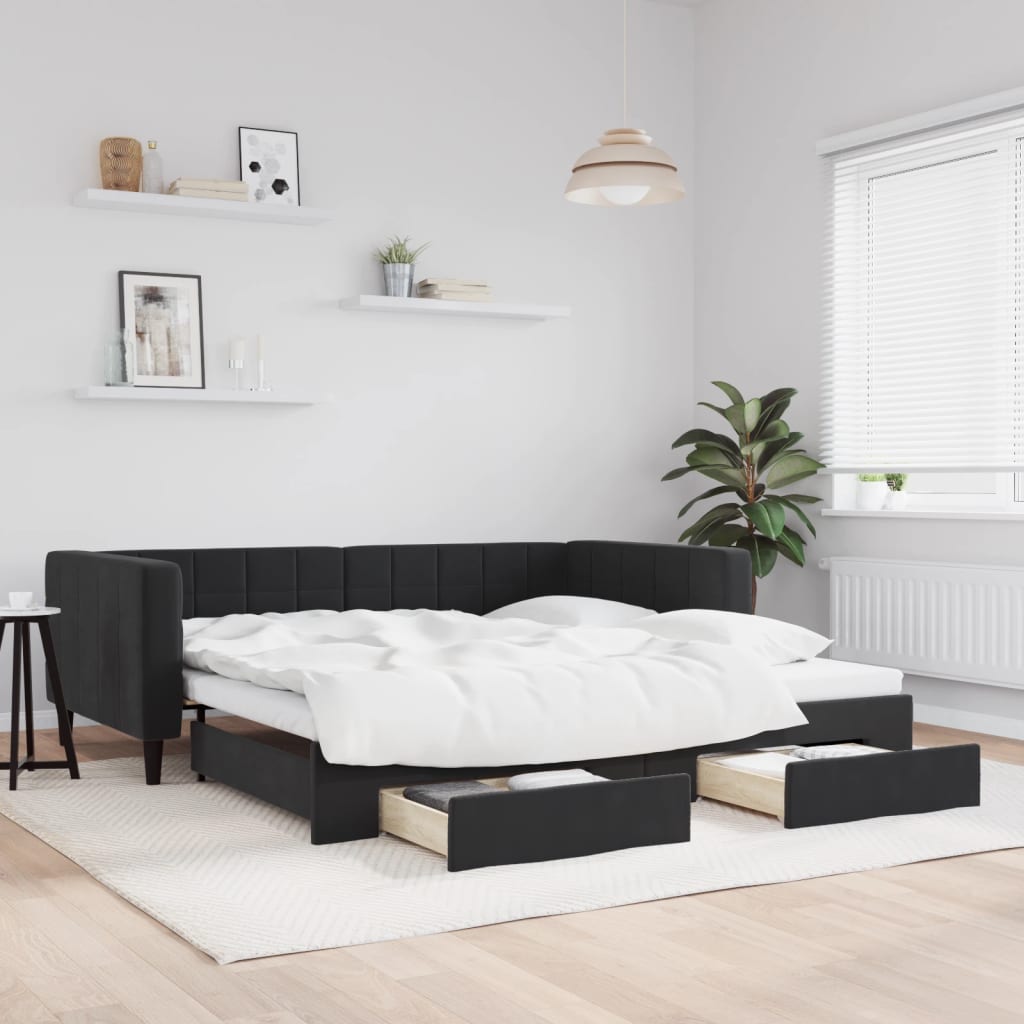 Sofá-cama com gavetão e gavetas 100x200 cm veludo preto
