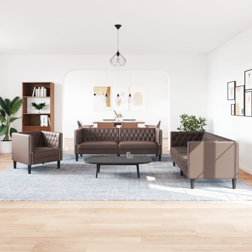 3 Pcs conjunto de sofás chesterfield couro artificial castanho