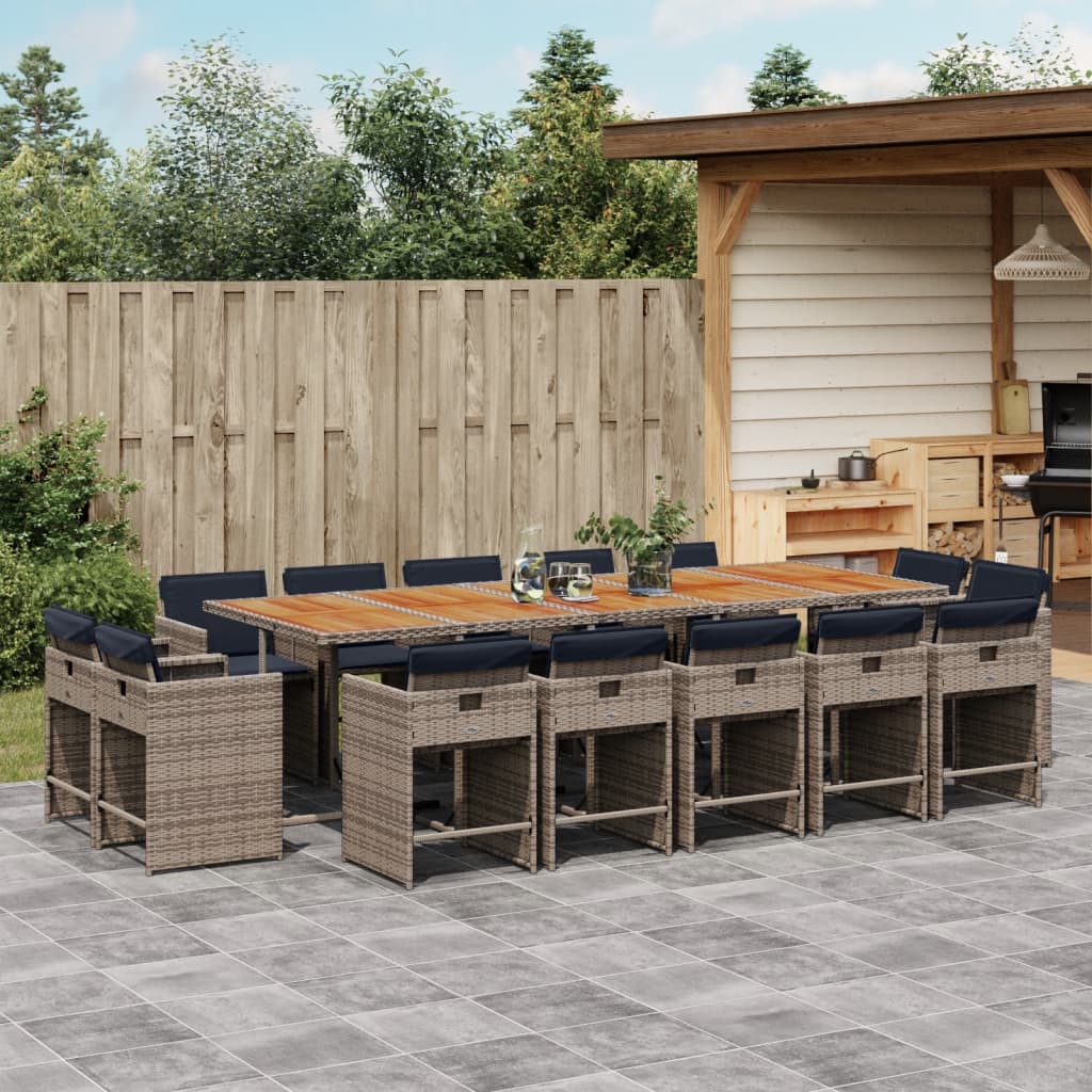 15 Pcs conjunto jantar p/ jardim c/ almofadões vime PE cinzento