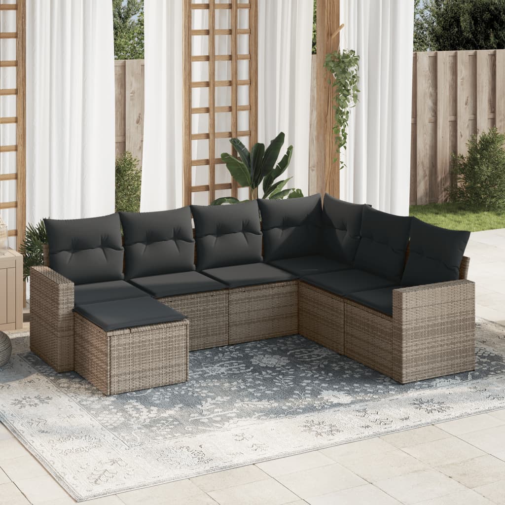 7 Pcs conjunto sofás p/ jardim c/ almofadões vime PE cinzento