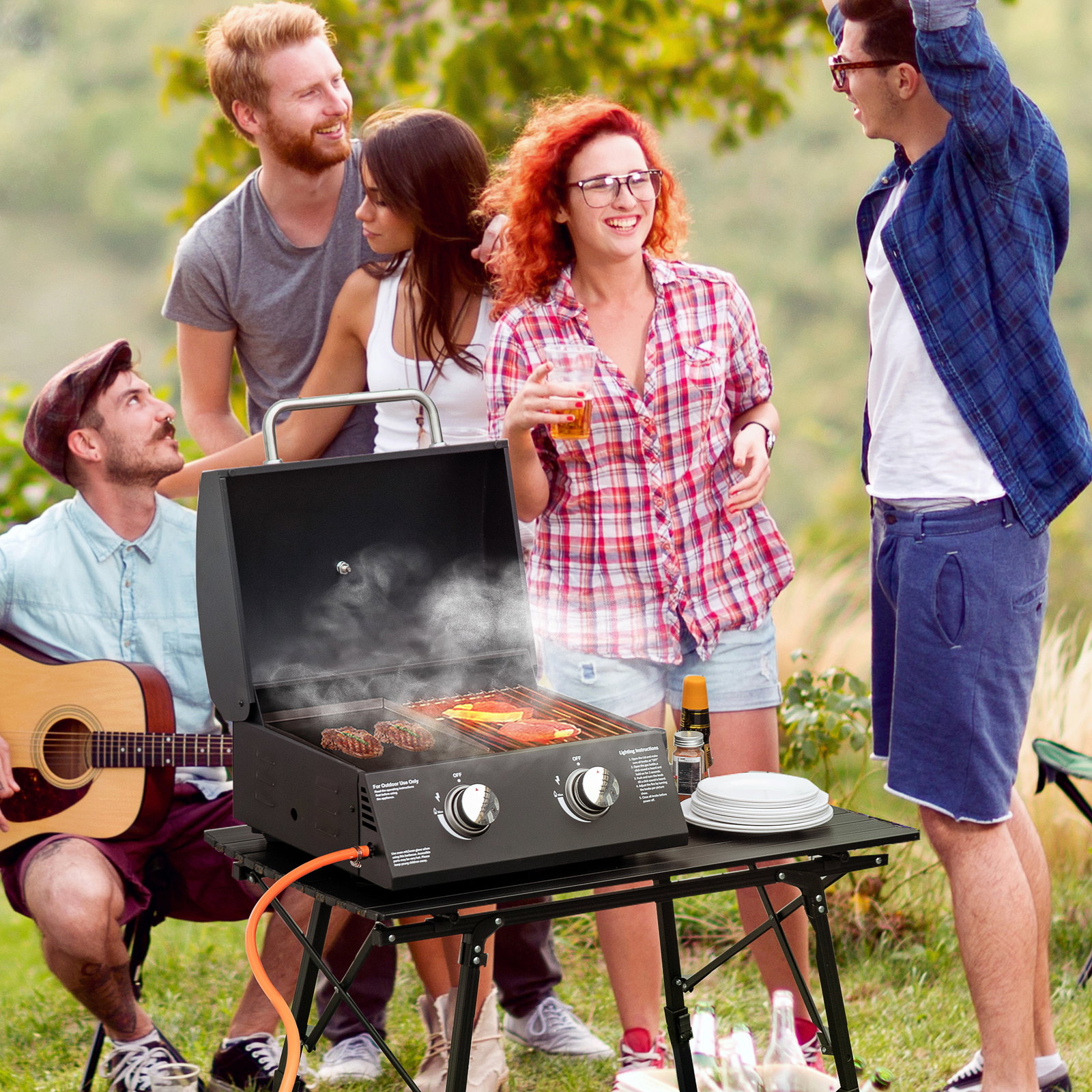 Barbecue a gás dobrável com 2 queimadores churrasqueira à gás portátil com termómetro para campismo piquenique ao ar livre jardim 55x46,5x41cm preto