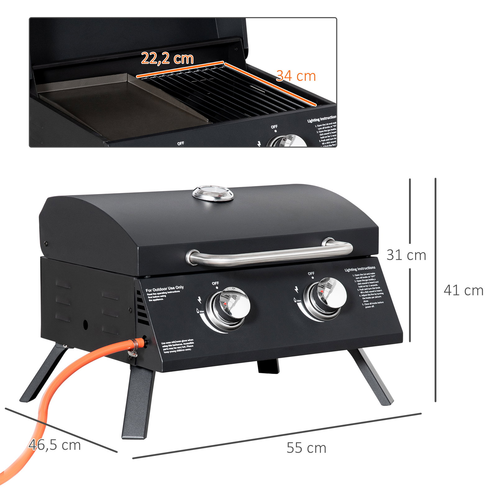 Barbecue a gás dobrável com 2 queimadores churrasqueira à gás portátil com termómetro para campismo piquenique ao ar livre jardim 55x46,5x41cm preto
