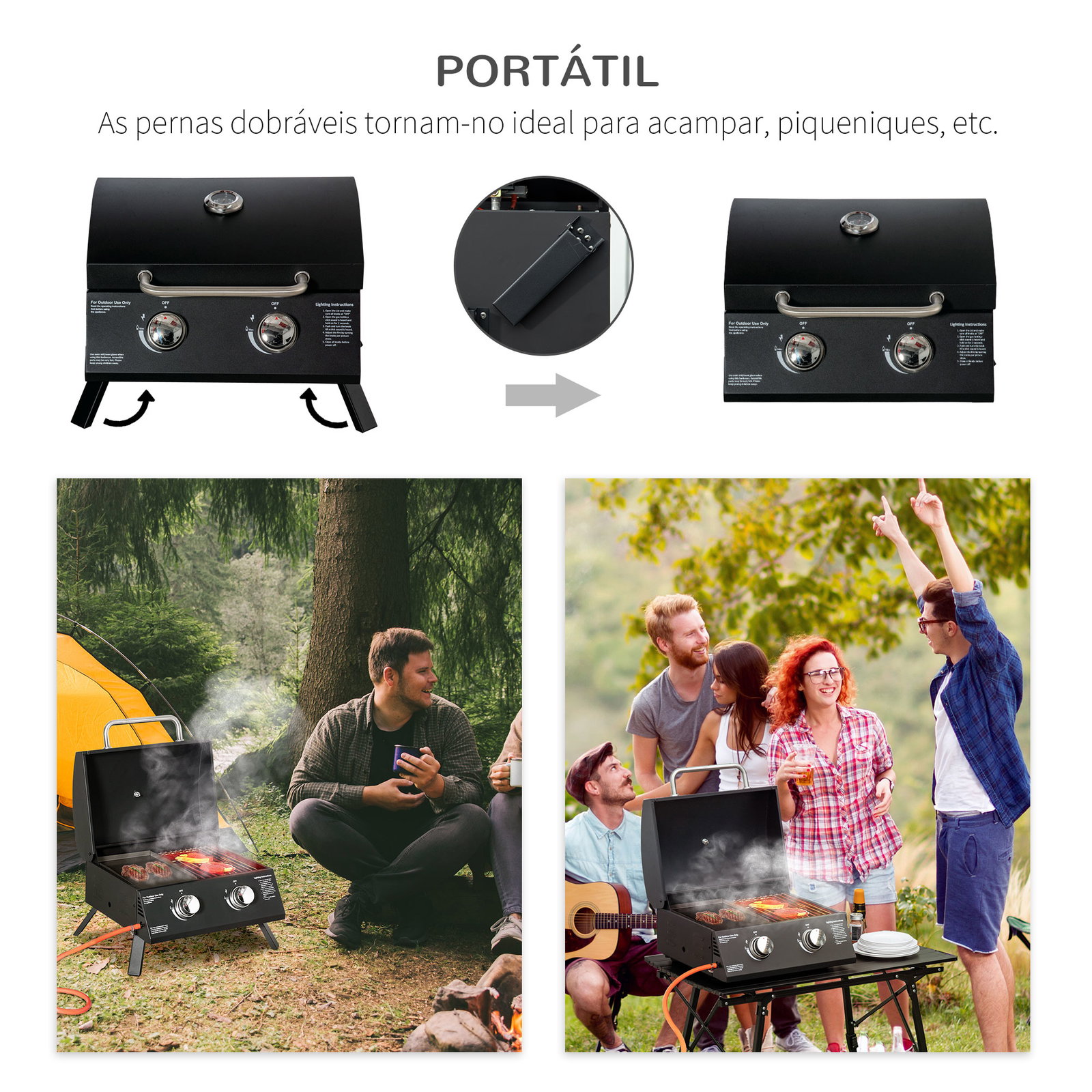 Barbecue a gás dobrável com 2 queimadores churrasqueira à gás portátil com termómetro para campismo piquenique ao ar livre jardim 55x46,5x41cm preto