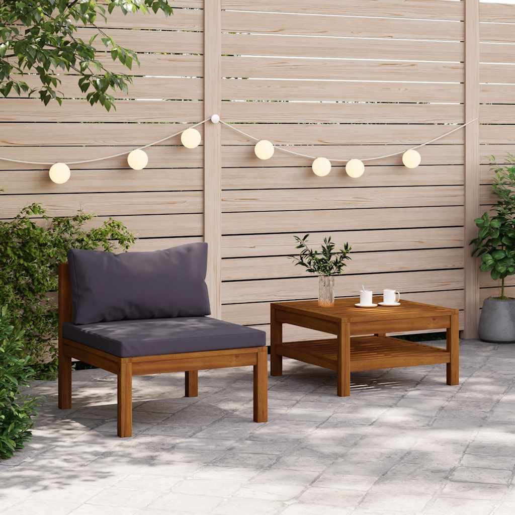 Conj. sofás de jardim 2 pcs c/ almofadões cinza-escuro acácia