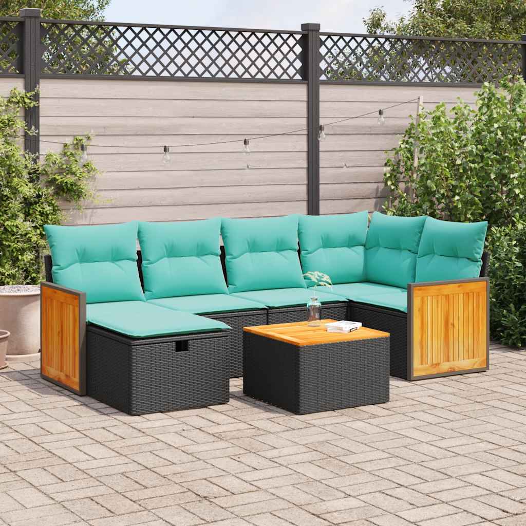 7 Pcs conjunto de sofás p/ jardim c/ almofadões vime PE preto