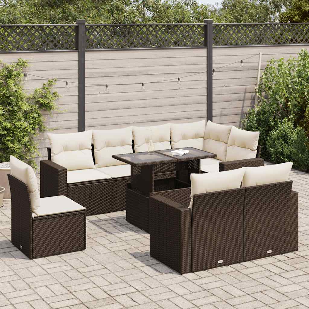 9 Pcs conjunto sofás p/ jardim c/ almofadões vime PE castanho
