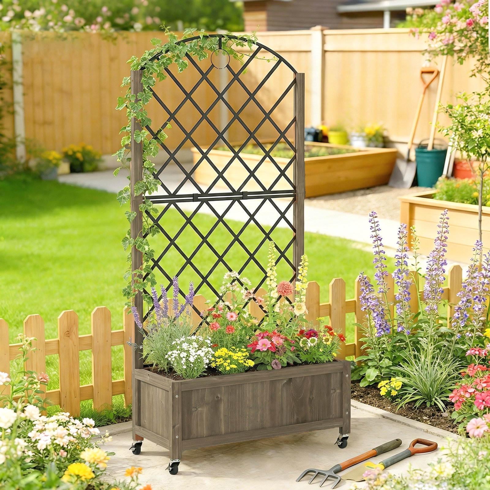 Floreira de madeira com grade metálica e rodas para plantas trepadeiras vaso elevado 72x36x168 cm carbonizado