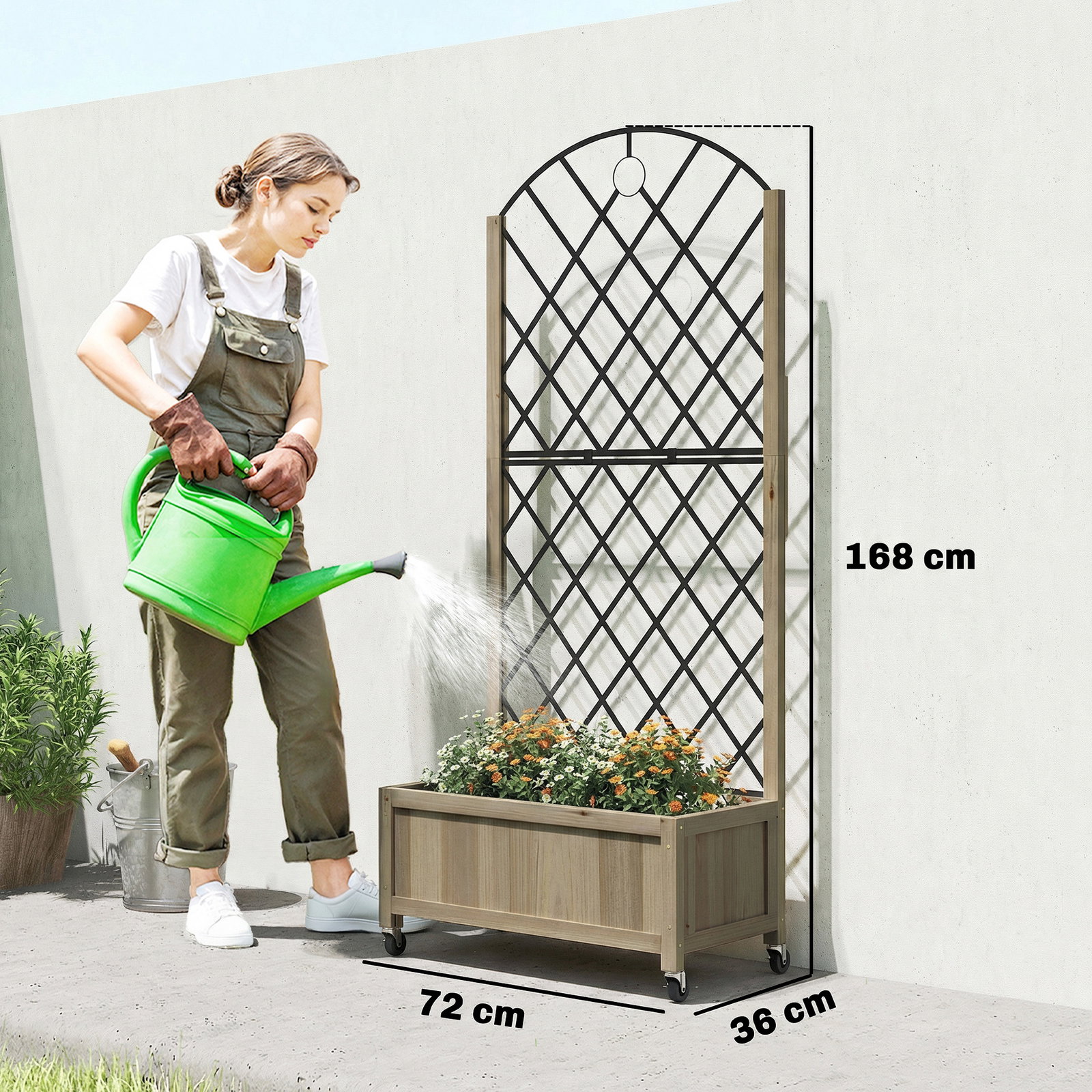 Floreira de madeira com grade metálica e rodas para plantas trepadeiras vaso elevado 72x36x168 cm carbonizado