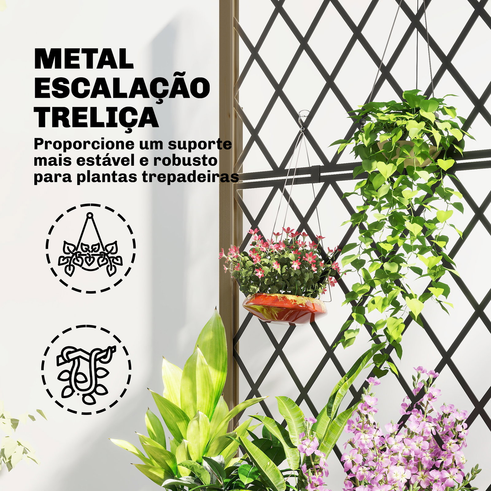 Floreira de madeira com grade metálica e rodas para plantas trepadeiras vaso elevado 72x36x168 cm carbonizado