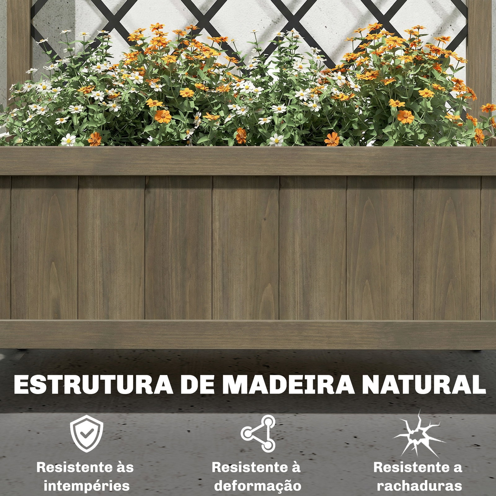 Floreira de madeira com grade metálica e rodas para plantas trepadeiras vaso elevado 72x36x168 cm carbonizado