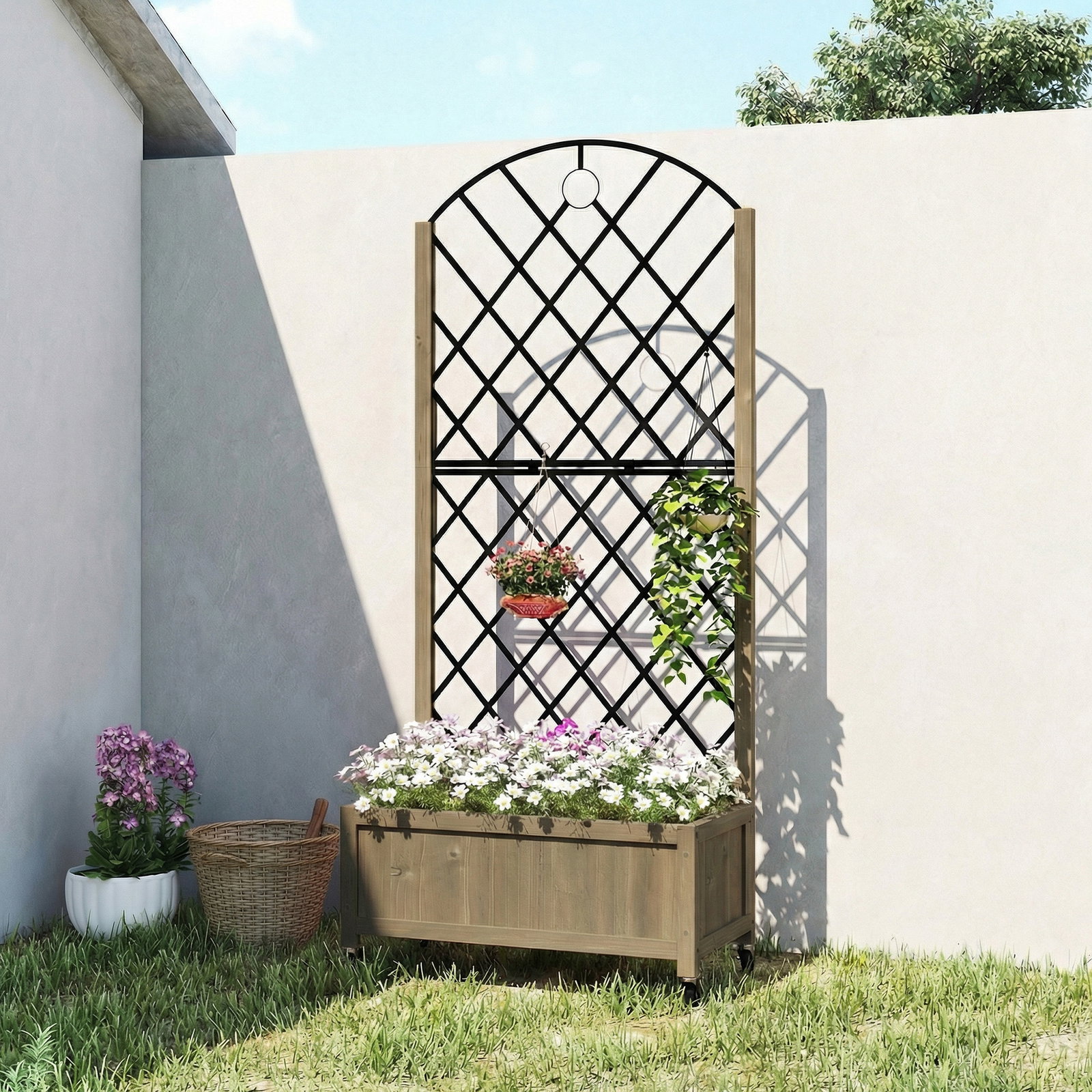 Floreira de madeira com grade metálica e rodas para plantas trepadeiras vaso elevado 72x36x168 cm carbonizado