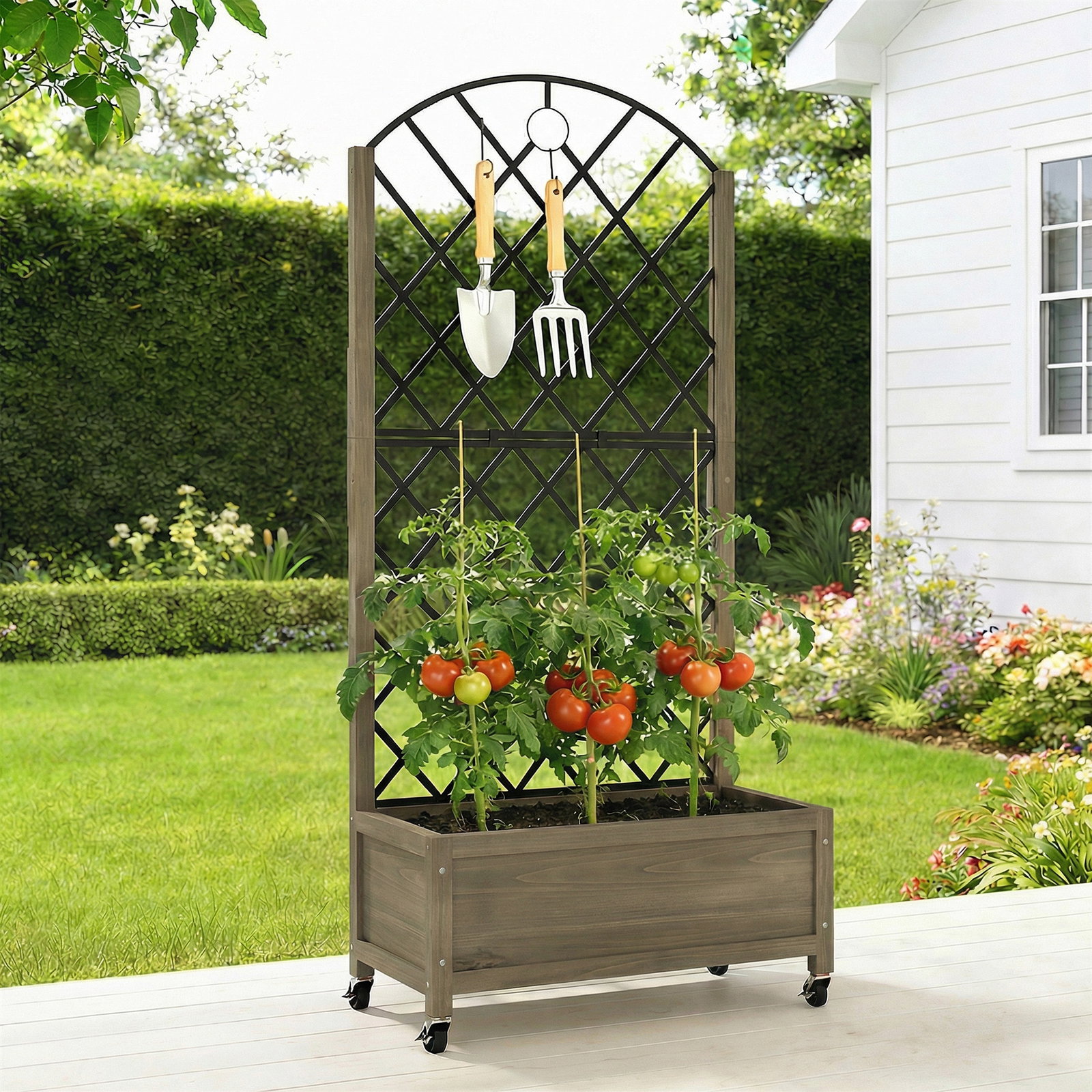 Floreira de madeira com grade metálica e rodas para plantas trepadeiras vaso elevado 72x36x168 cm carbonizado