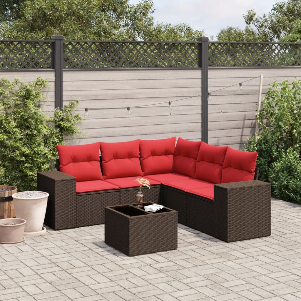 Conjunto de sofá de jardim com 6 peças e almofadas em rattan sintético marrom
