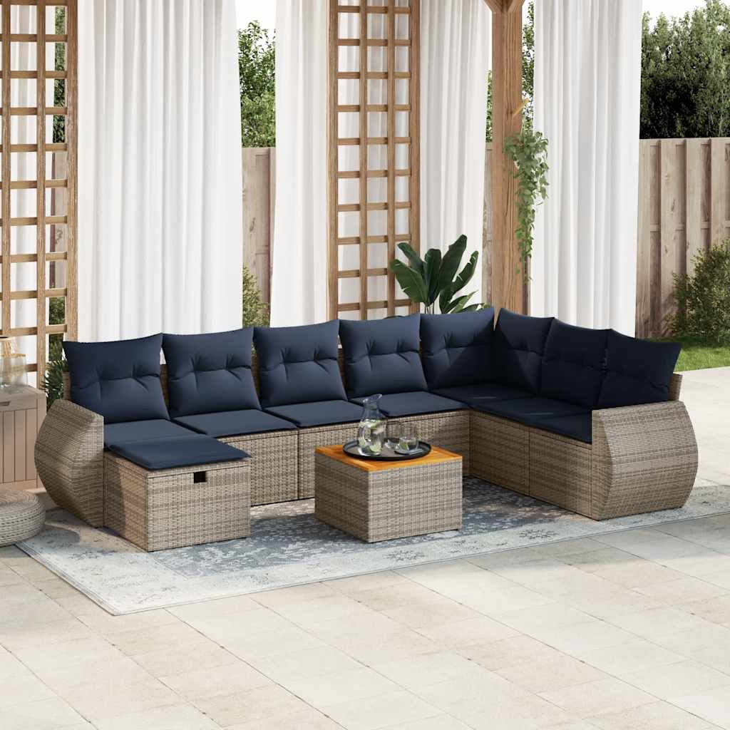 9 Pcs conjunto sofás p/ jardim com almofadões vime PE cinzento