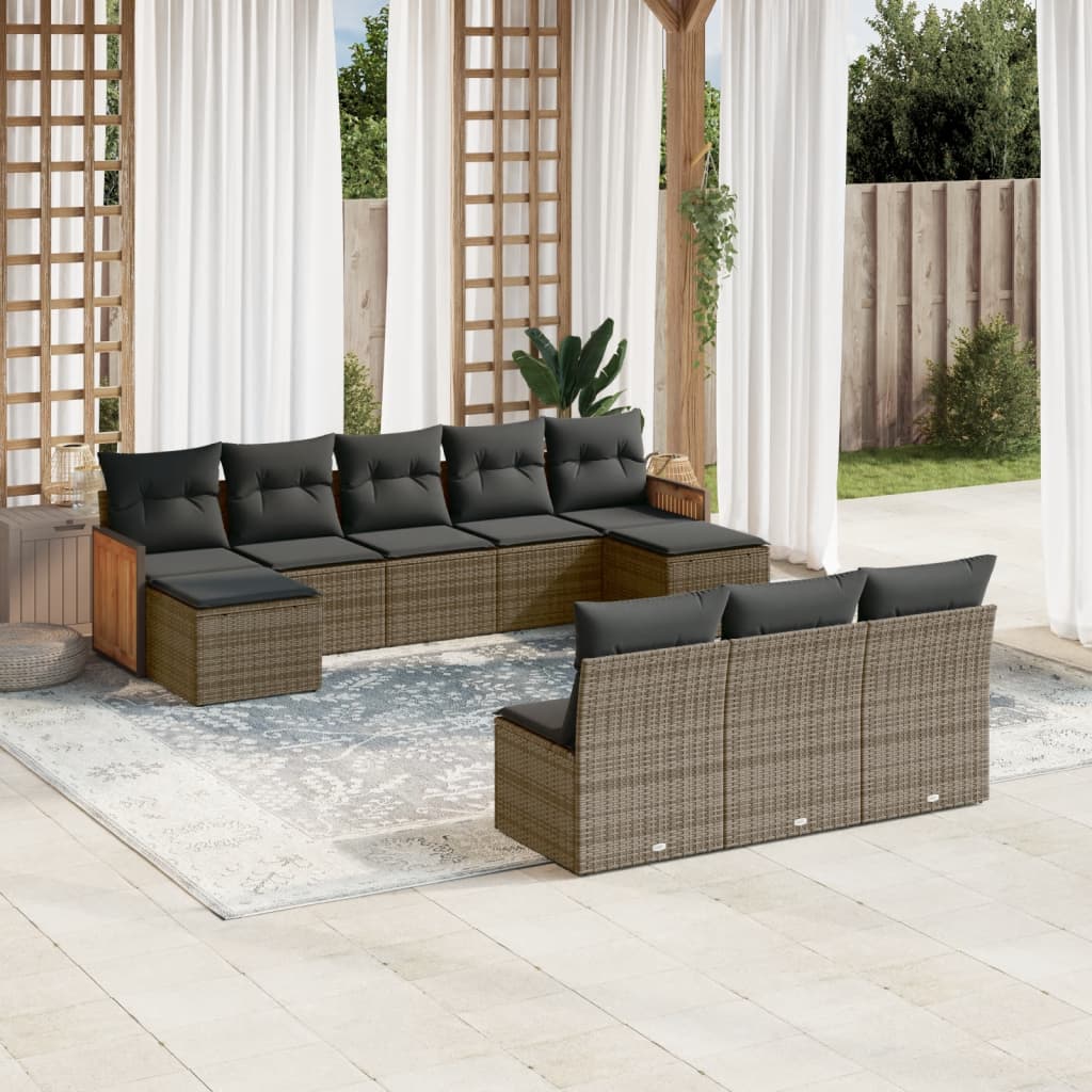 10 Pcs conjunto sofás de jardim c/ almofadões vime PE cinzento