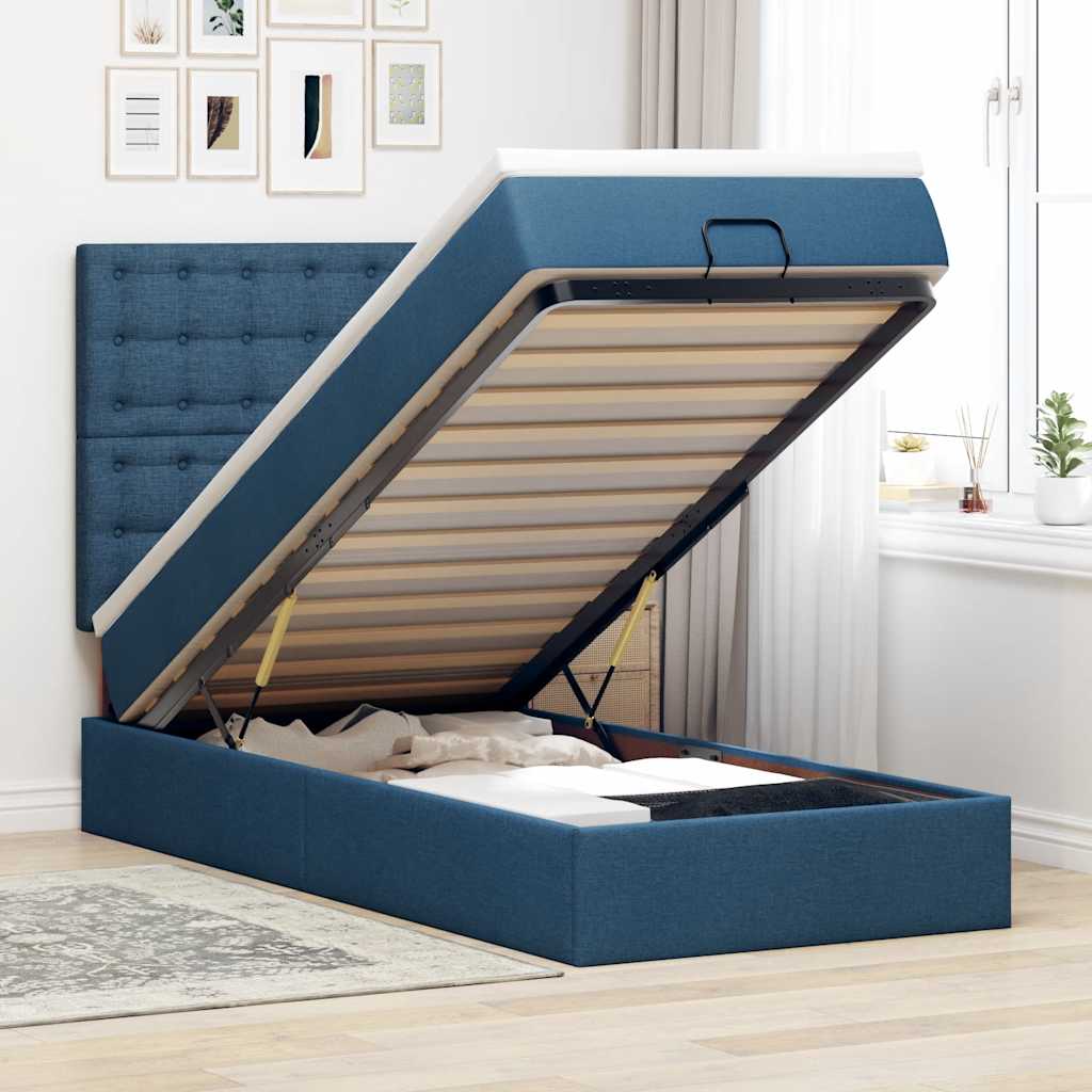 Cama otomana com colchão 100x200 cm tecido azul