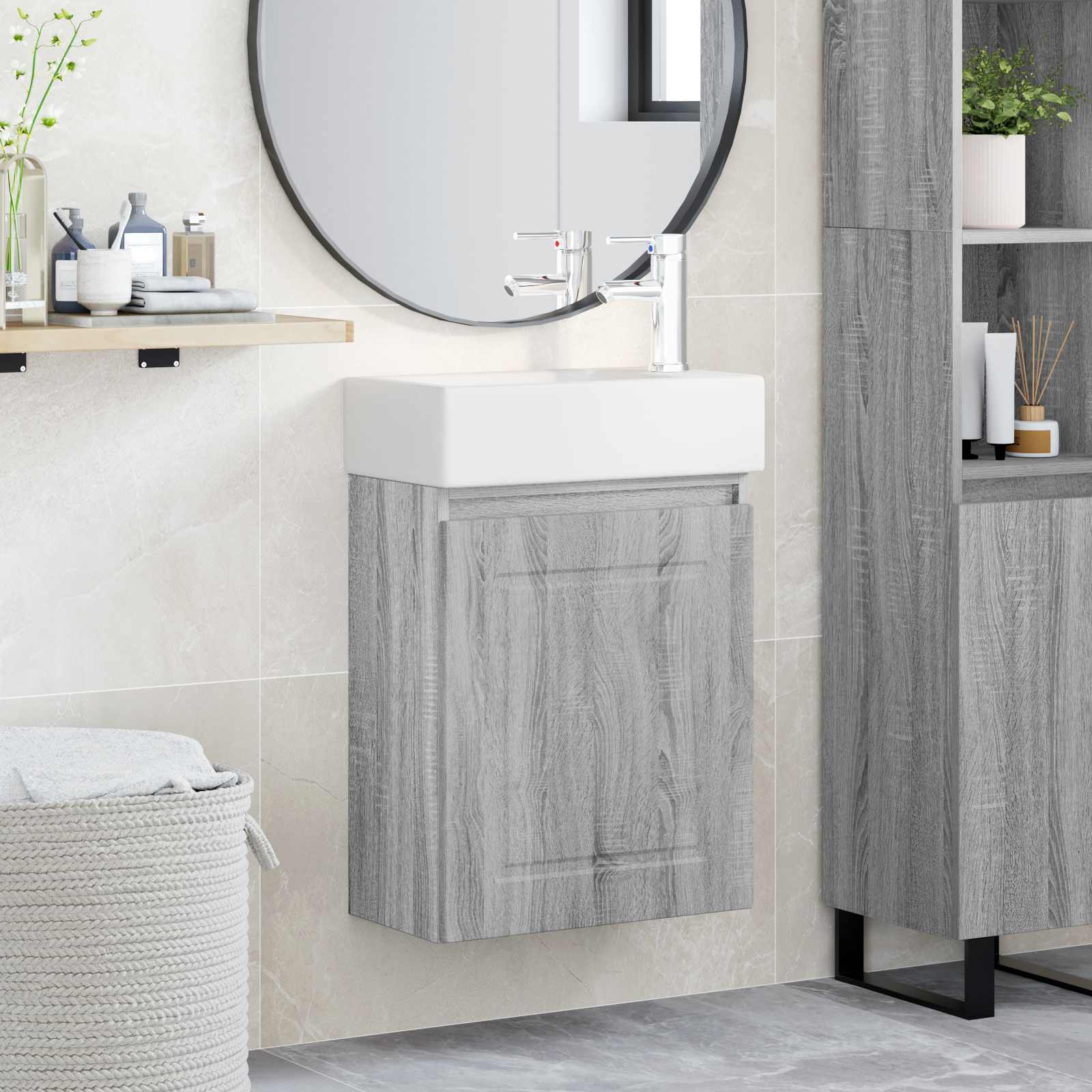 Conjunto de móveis de banheiro com torneira sonoma cinzento