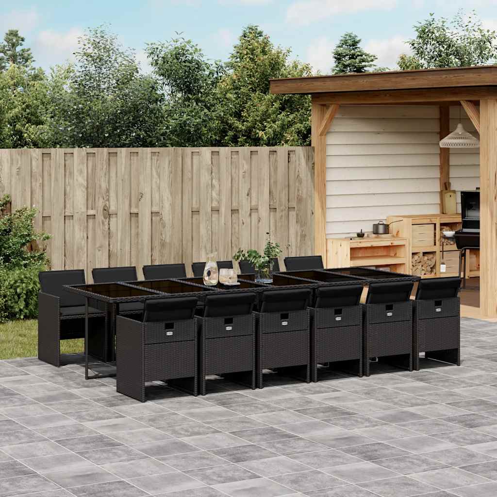 13 Pcs conjunto de jantar p/jardim com almofadões vime PE preto