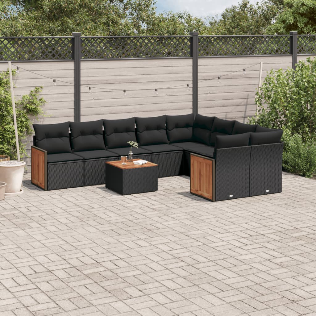 10 Pcs conjunto sofás de jardim c/ almofadões vime PE preto