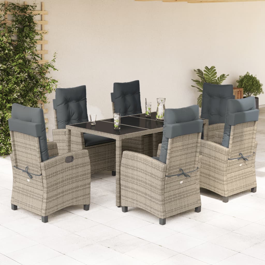 7 Pcs conjunto de jantar p/ jardim c/ almofadões vime PE cinza