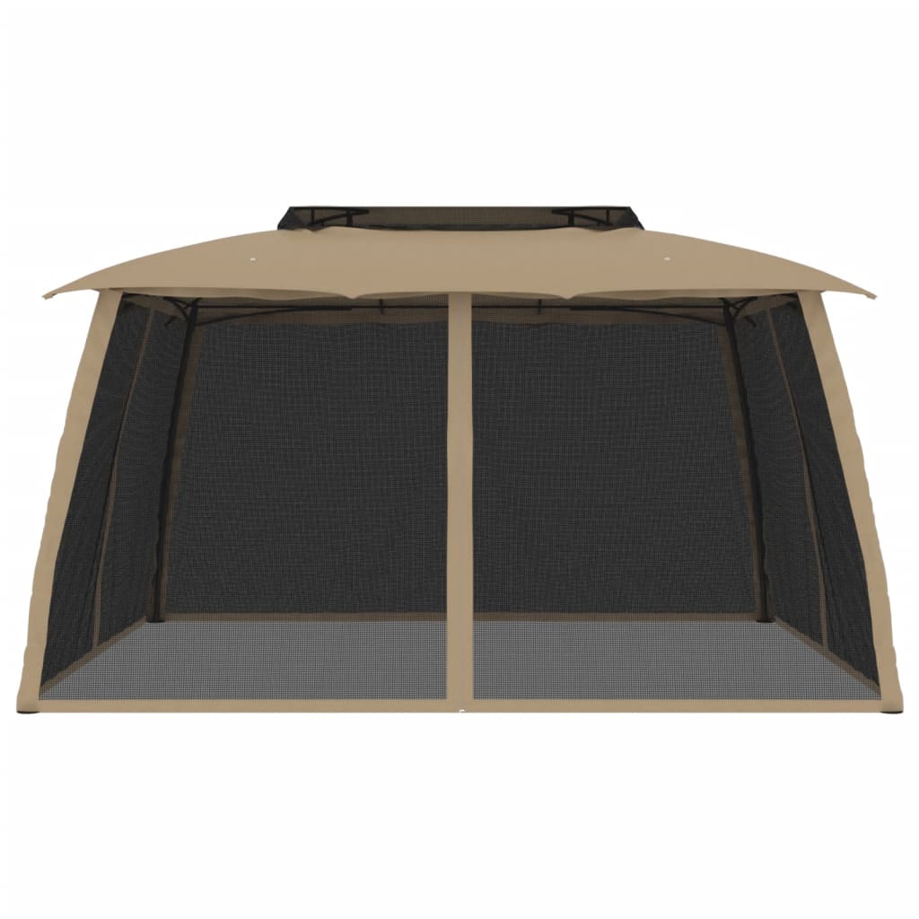 Gazebo c/ teto duplo/paredes de malha aço cinzento-acastanhado