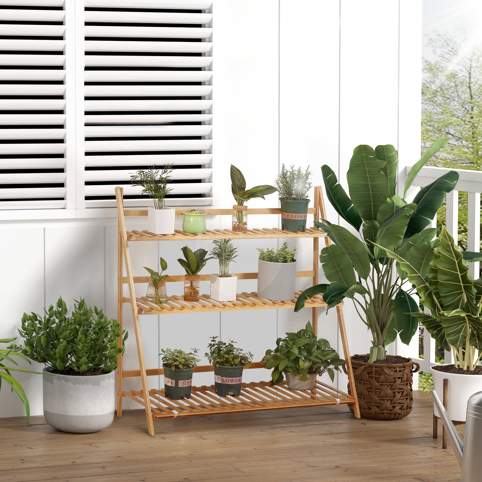 Suporte para plantas de 3 níveis de bambu suporte para flores dobrável para interior e exterior 98x37x96,5cm madeira
