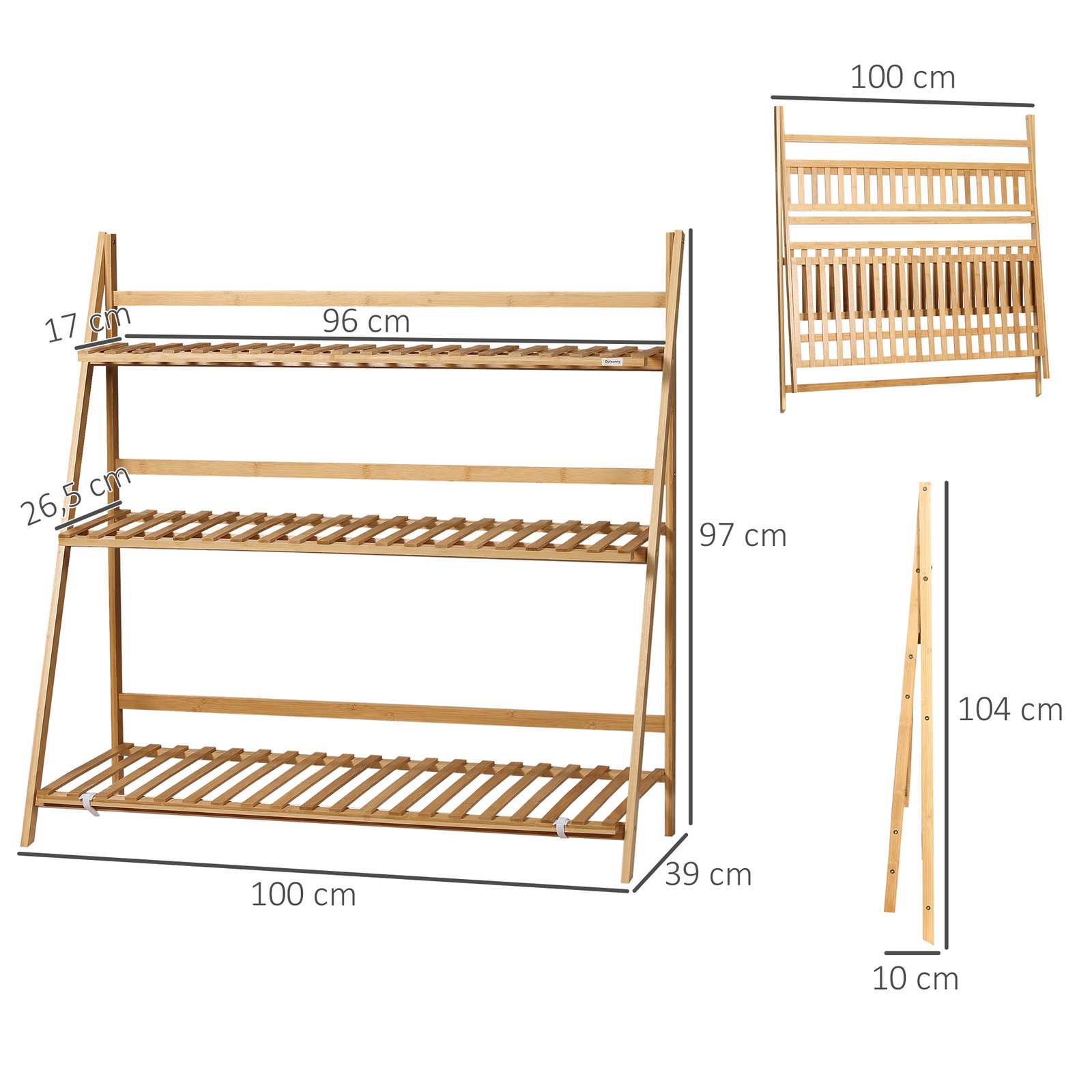 Suporte para plantas de 3 níveis de bambu suporte para flores dobrável para interior e exterior 98x37x96,5cm madeira