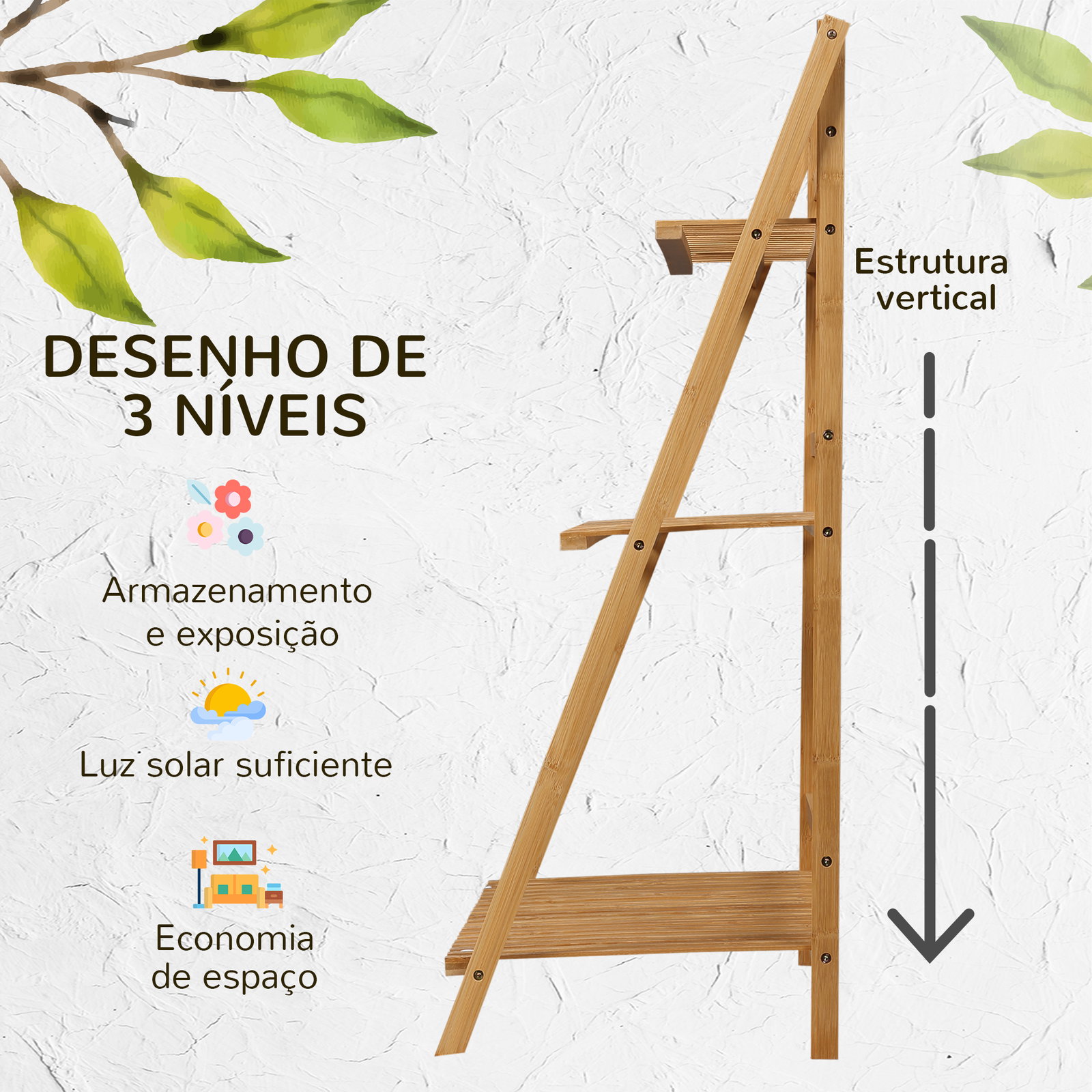 Suporte para plantas de 3 níveis de bambu suporte para flores dobrável para interior e exterior 98x37x96,5cm madeira