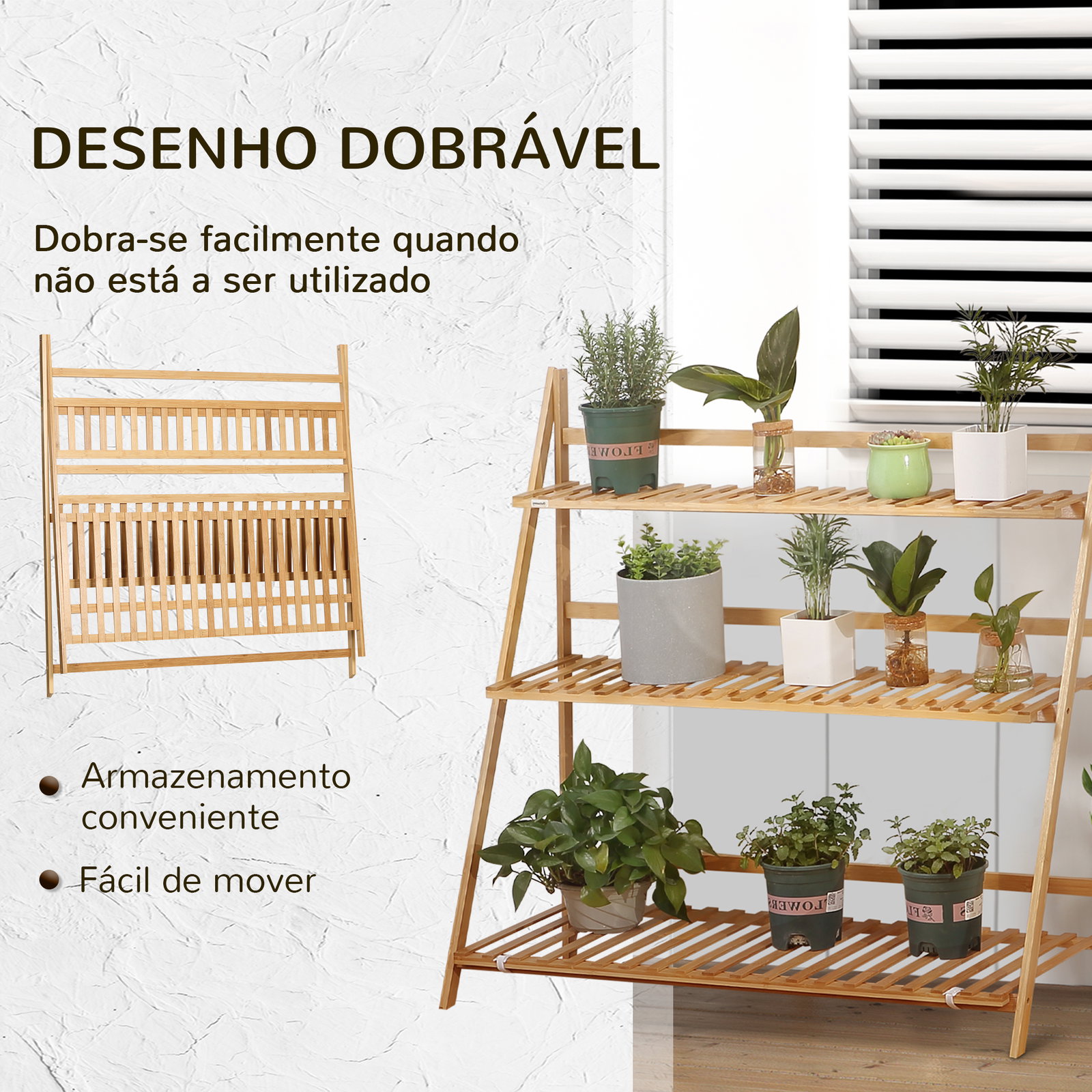 Suporte para plantas de 3 níveis de bambu suporte para flores dobrável para interior e exterior 98x37x96,5cm madeira