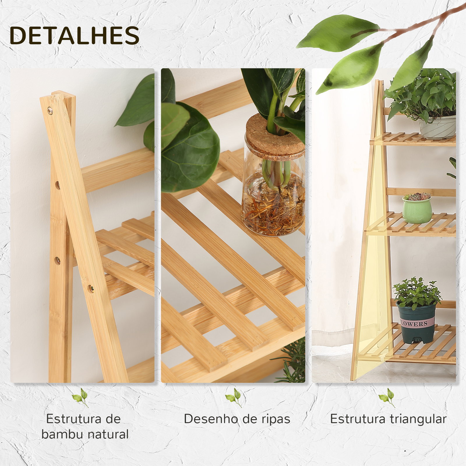 Suporte para plantas de 3 níveis de bambu suporte para flores dobrável para interior e exterior 98x37x96,5cm madeira