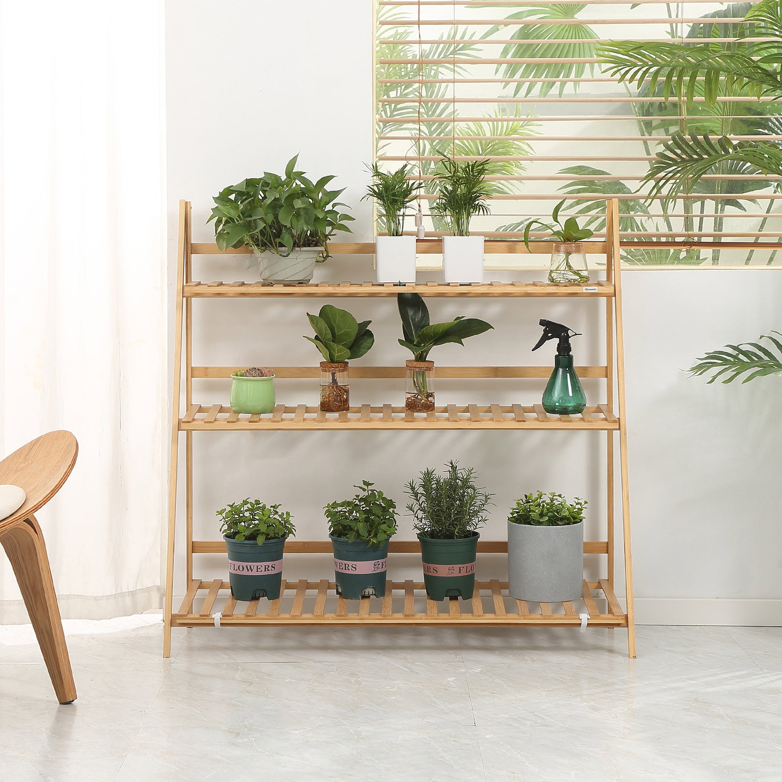 Suporte para plantas de 3 níveis de bambu suporte para flores dobrável para interior e exterior 98x37x96,5cm madeira