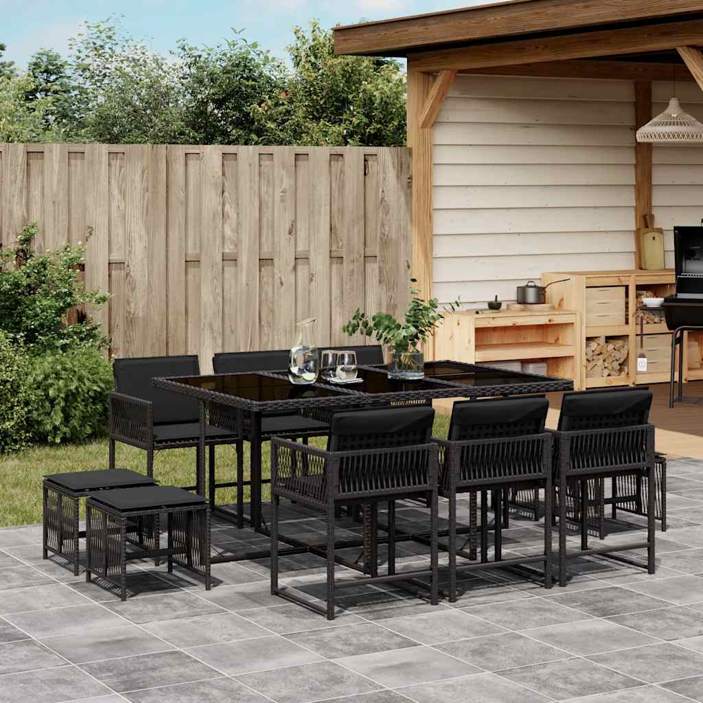 11 Pcs conjunto de jantar p/ jardim c/ almofadões vime PE preto