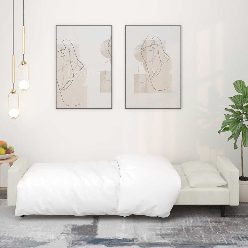 Sofá-cama 2 lugares com duas almofadas veludo cor creme