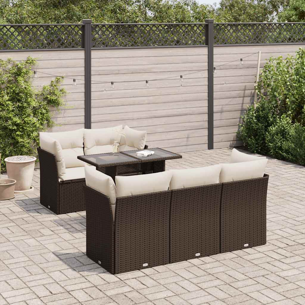 6 Pcs conjunto de sofás jardim c/ almofadões vime PE castanho