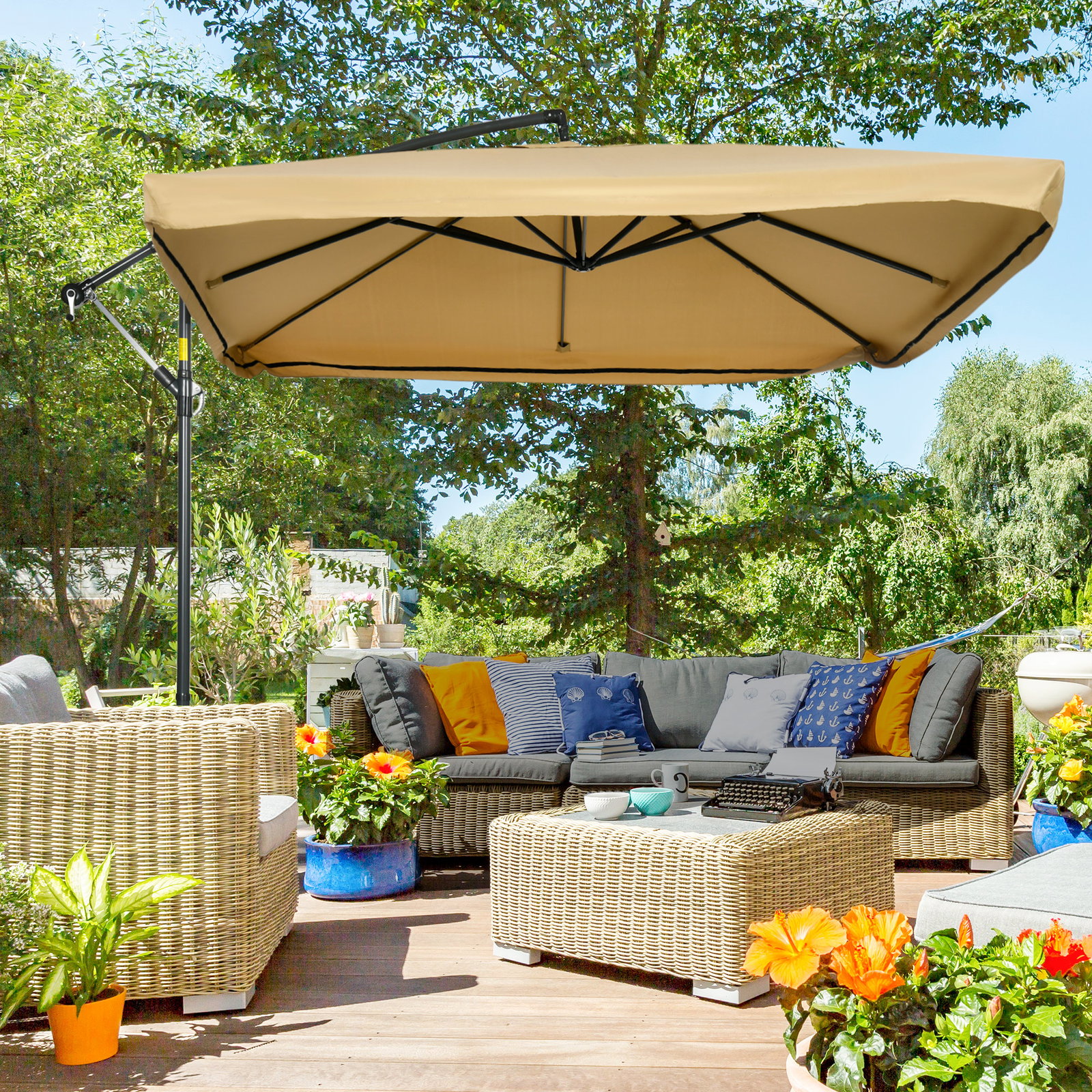 Chapéu de sol de jardim chapéu de sol excêntrico com rede mosquiteira manivela e base cruzada 295x295x260 cm bege