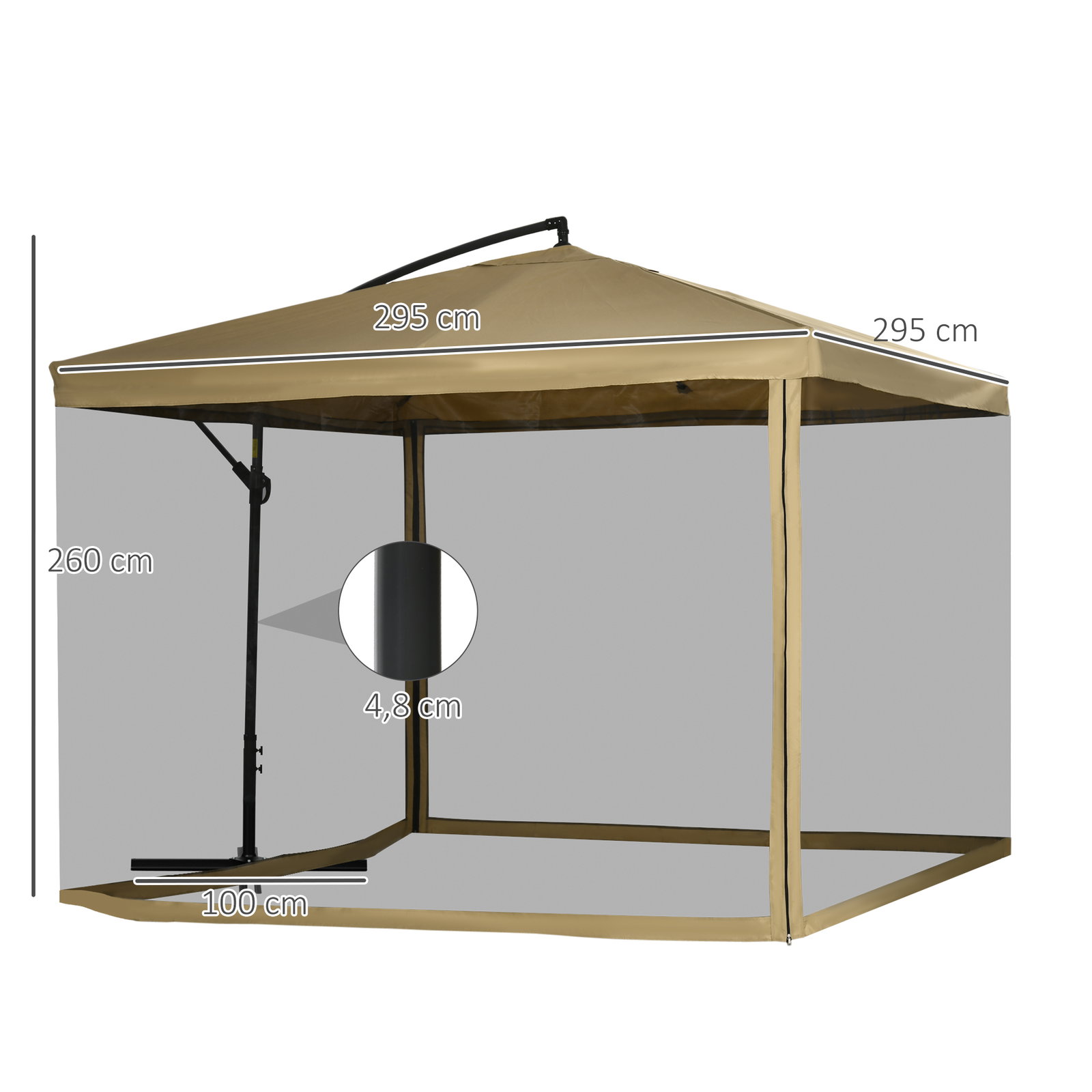 Chapéu de sol de jardim chapéu de sol excêntrico com rede mosquiteira manivela e base cruzada 295x295x260 cm bege