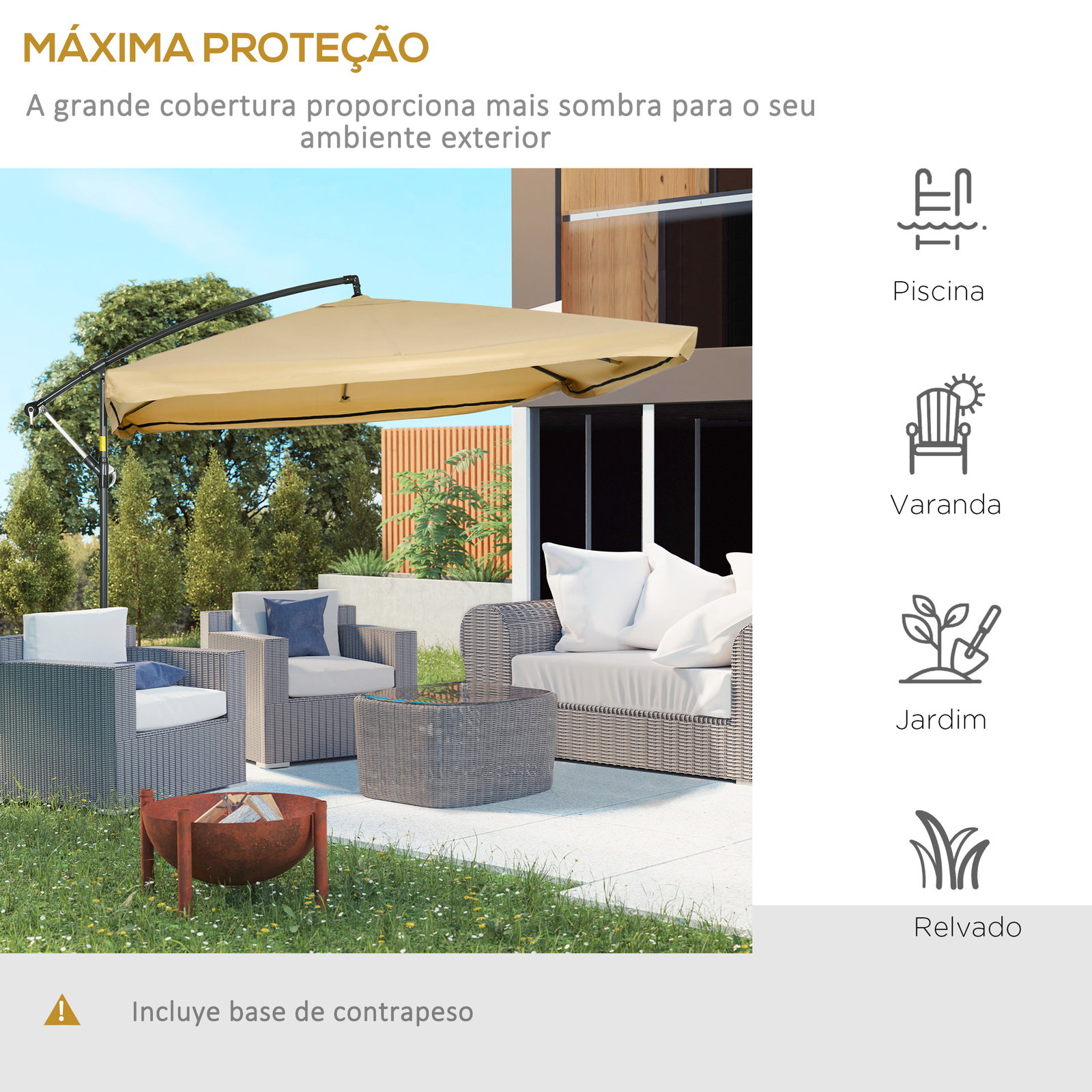 Chapéu de sol de jardim chapéu de sol excêntrico com rede mosquiteira manivela e base cruzada 295x295x260 cm bege