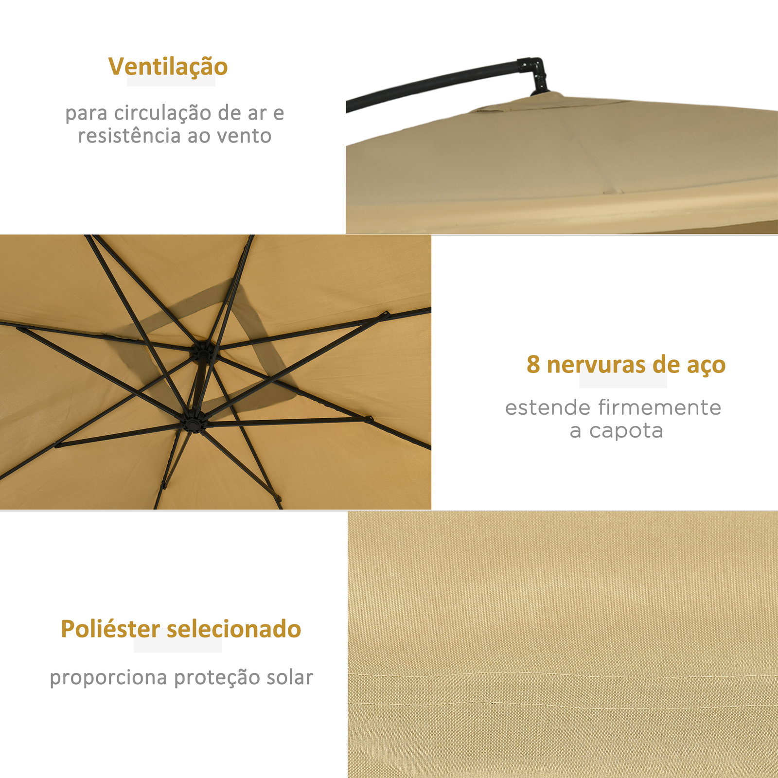 Chapéu de sol de jardim chapéu de sol excêntrico com rede mosquiteira manivela e base cruzada 295x295x260 cm bege