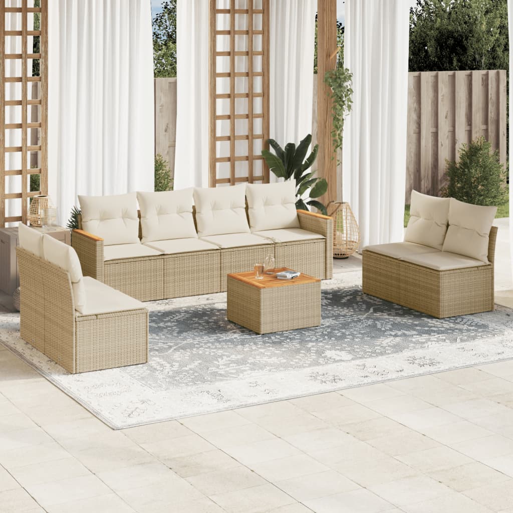 9 Pcs conjunto de sofás p/ jardim com almofadões vime PE bege