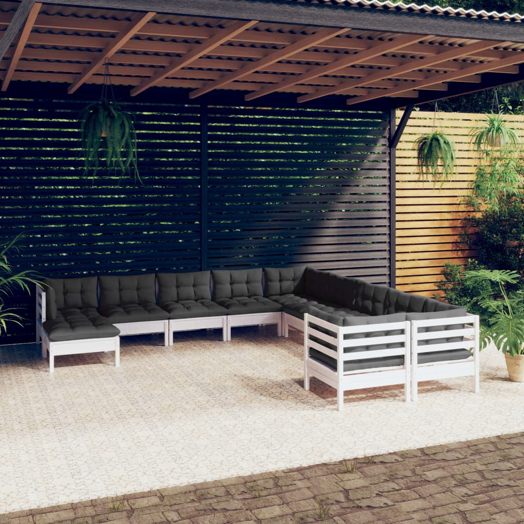 11 Pcs conjunto lounge de jardim c/ almofadões pinho branco