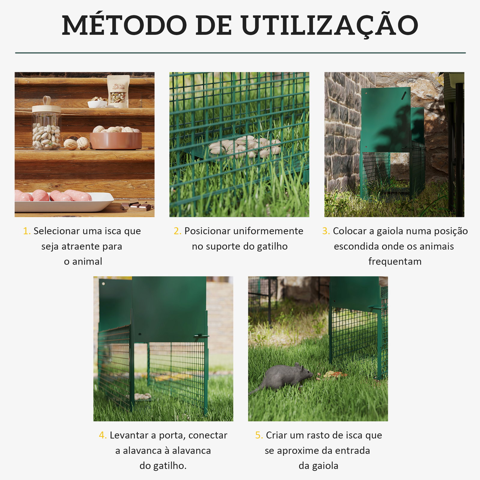 Armadilha para Animais Vivos com Porta Gaiola de Captura com Alça de Transporte para Coelhos Raposas Pequenas 80x25x30cm Verde E