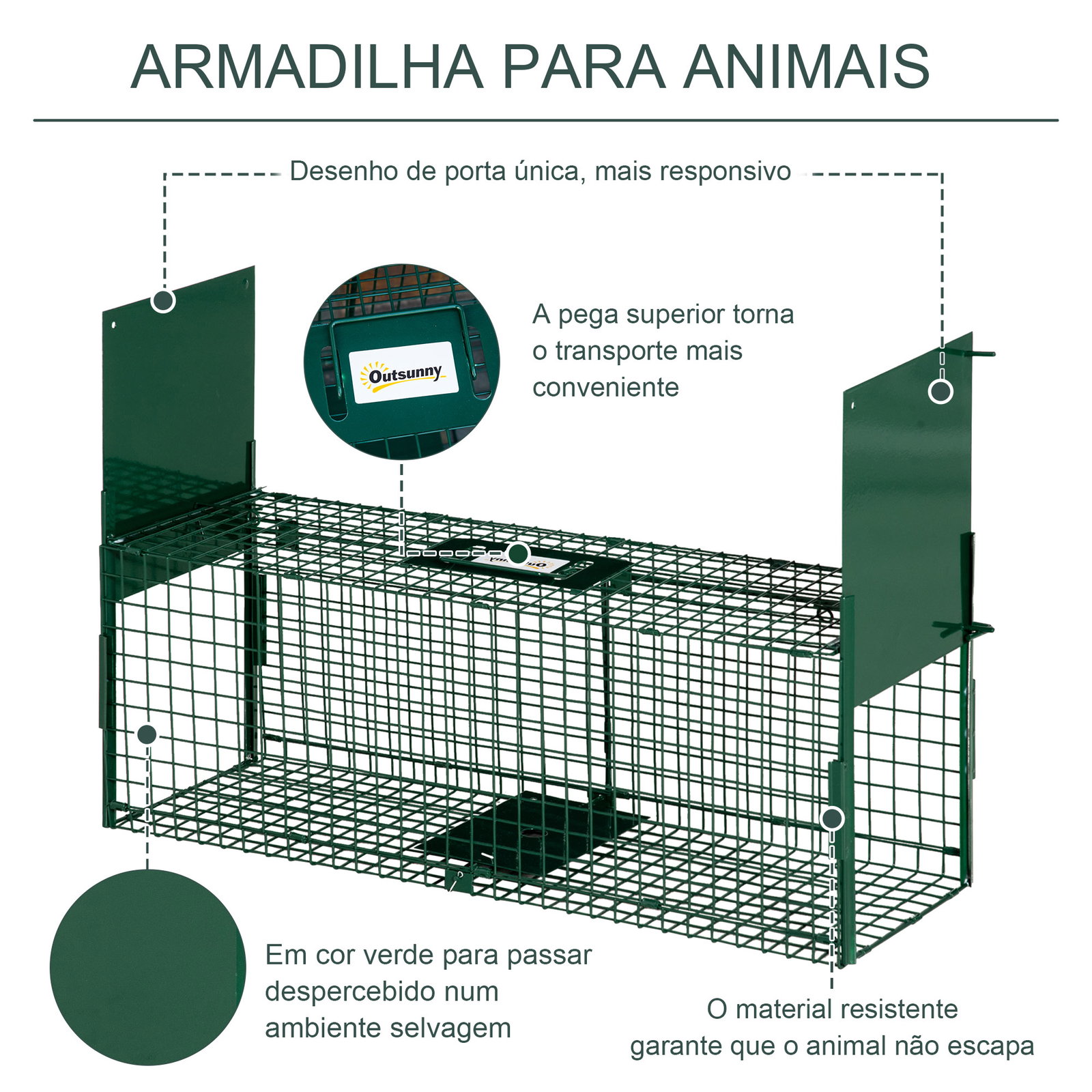 Armadilha para Animais Vivos com Porta Gaiola de Captura com Alça de Transporte para Coelhos Raposas Pequenas 80x25x30cm Verde E