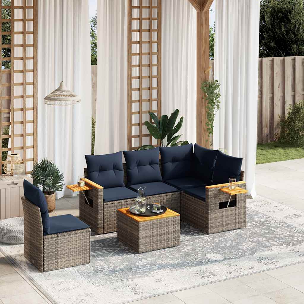6 Pcs conjunto sofás p/ jardim c/ almofadões vime PE cinzento