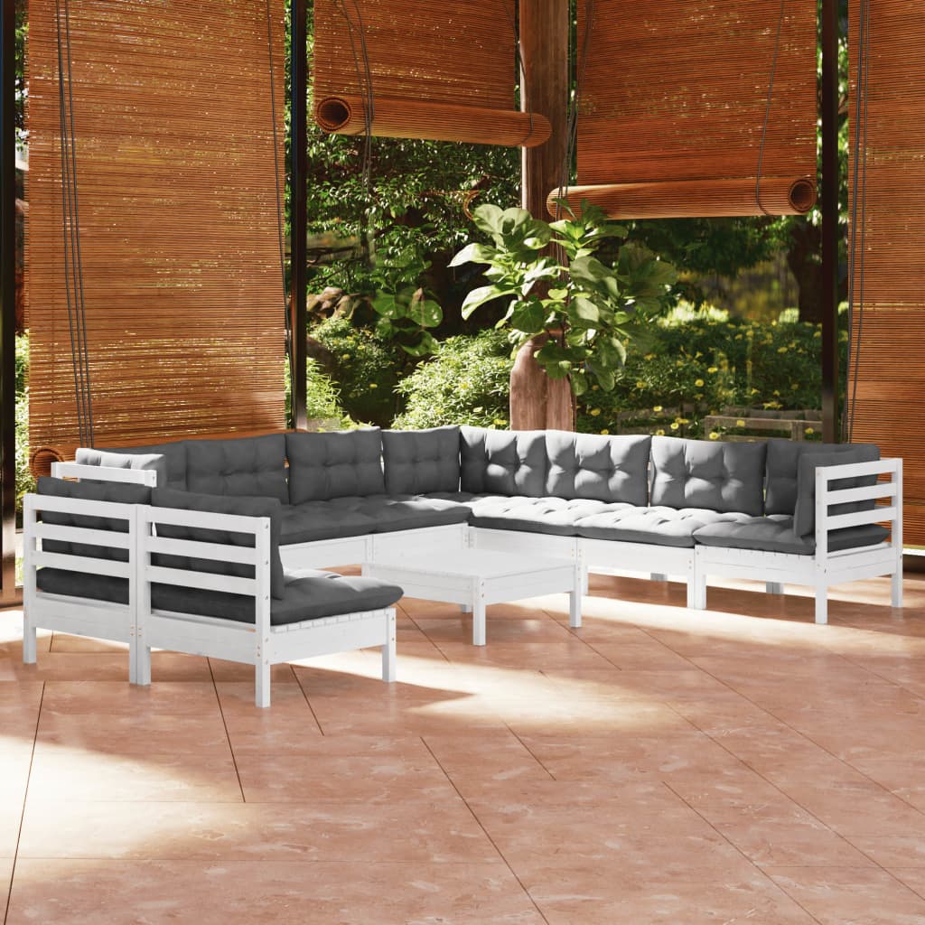 10 Pcs conj. lounge de jardim c/ almofadões pinho maciço branco
