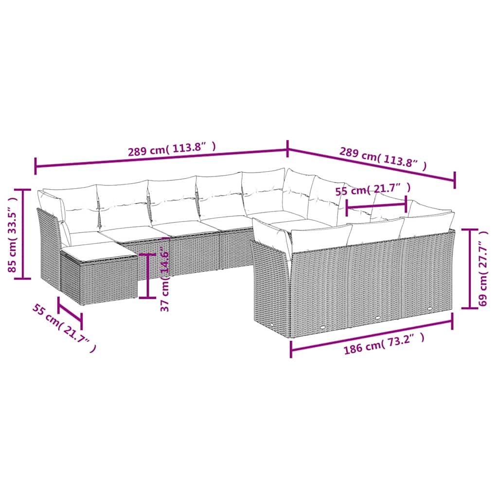 12 Pcs conjunto de sofás de jardim c/ almofadões vime PE preto