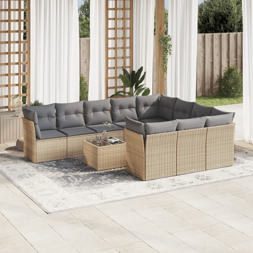 11 Pcs conjunto sofás de jardim c/ almofadões vime PE bege