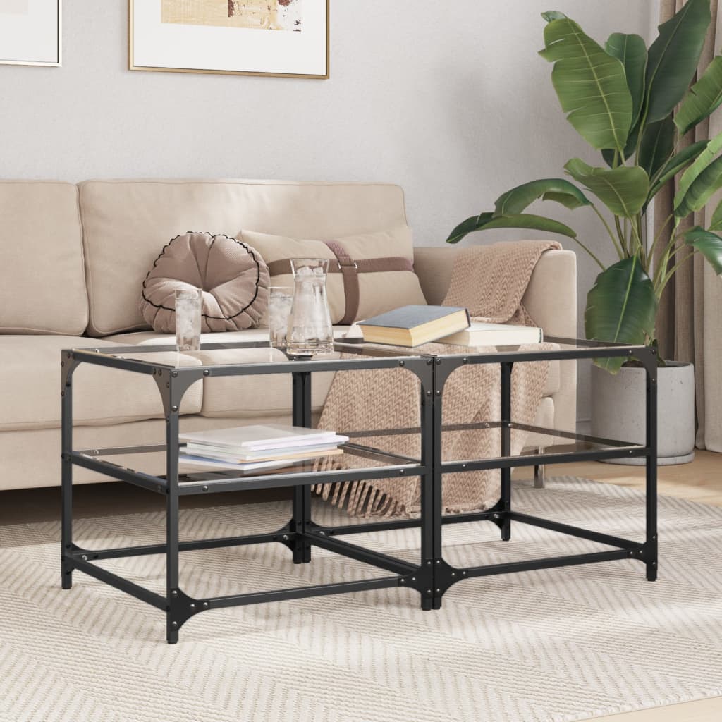 Mesas de centro c/ topo vidro transparente 2 pcs 50x50x45cm aço