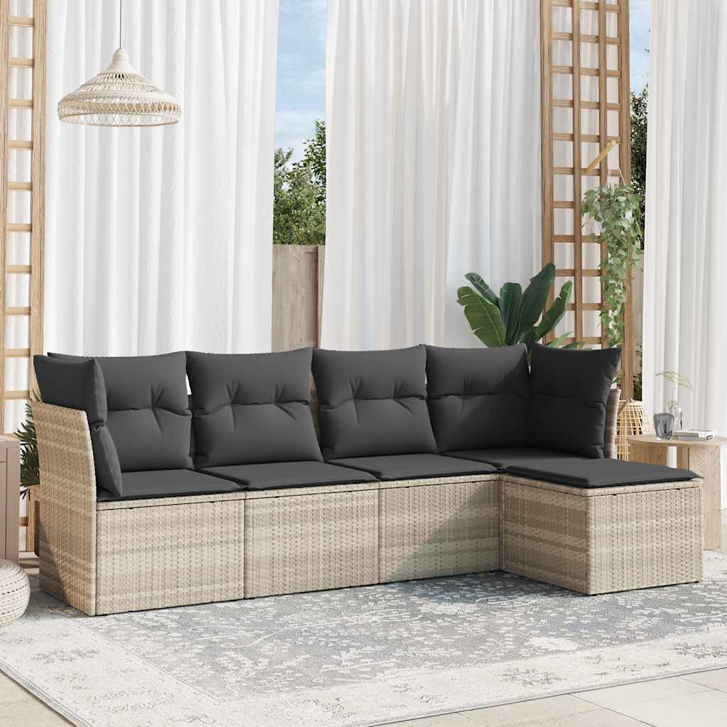 5 Pcs conj. sofás jardim c/ almofadões vime PE cinzento-claro