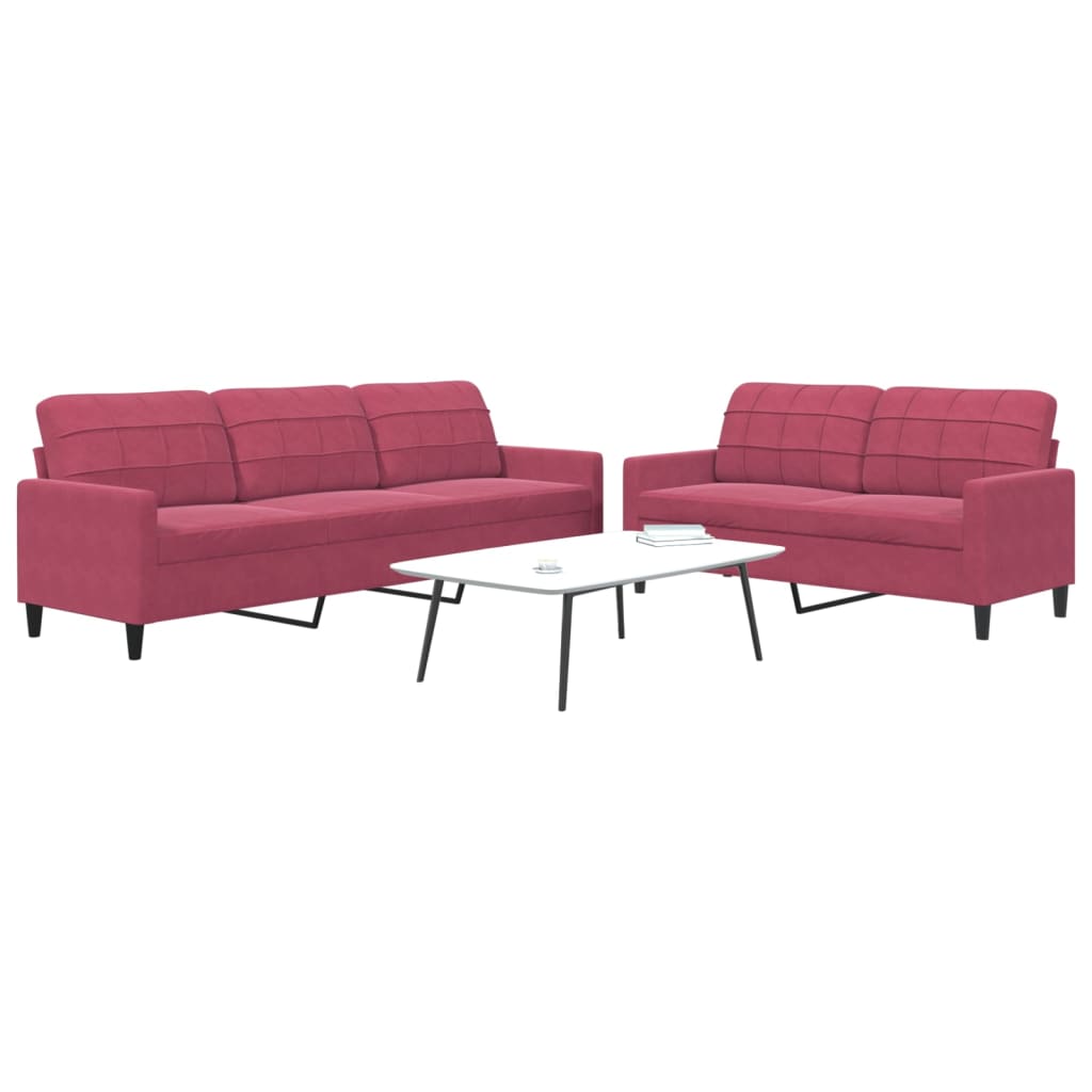 2 Pcs conjunto de sofás com almofadões veludo vermelho tinto